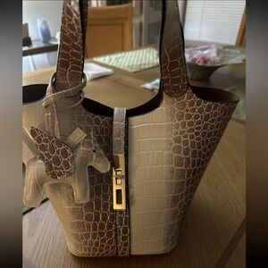 Textured Croc-Embossed Tote Bag in Beige and Brown